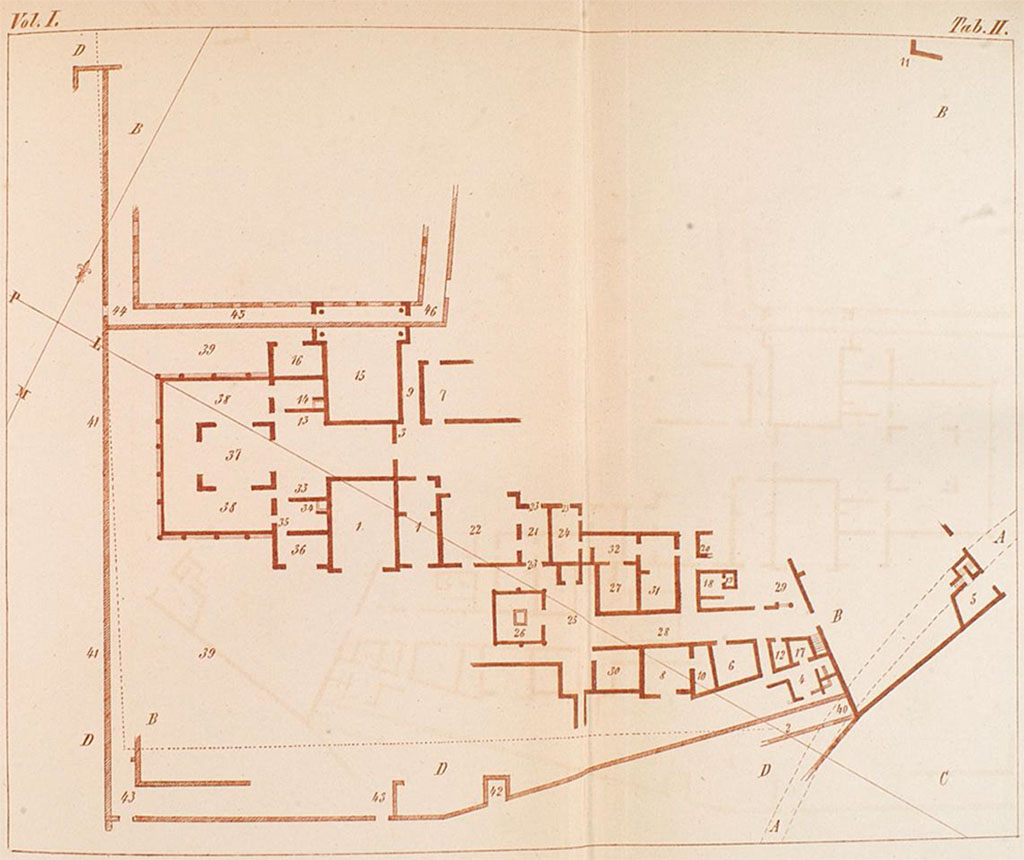 HGW06 Pompeii. Villa di Cicerone or Villa of Cicero. Plan c. 1778 by Francesco La Vega outlining the 46 areas described in the excavation report.
According to PAH, in the Giornale degli Scavi 1763-1790 of Francesco La Vega this was the Casa pseudurbana poco distante dalla Porta della citt, e relativamente alla stessa citt verso occidente *. Resta tal fabbrica nel podere del Monastero de'PP. Celestini della Torre dell'Annunziata, censito ad Ignazio Russo, altramente Balzano.
Questa casa vien detta volgarmente villa di Cicerone. Fu scavata e poi ricoperta. Veggansi i rapporti dell'Alcubierre sugli scavi della Civita in gennaio 1749.
See Fiorelli G., 1860. Pompeianarum antiquitatum historia, Vol. 1: 1748 - 1818, Naples, pp. 102-110, Tab II.
